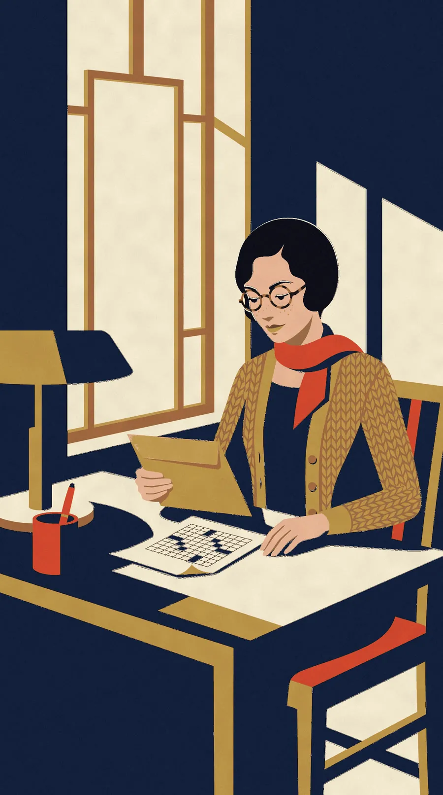 The Constructor's envelope on Iris's desk under the lamp