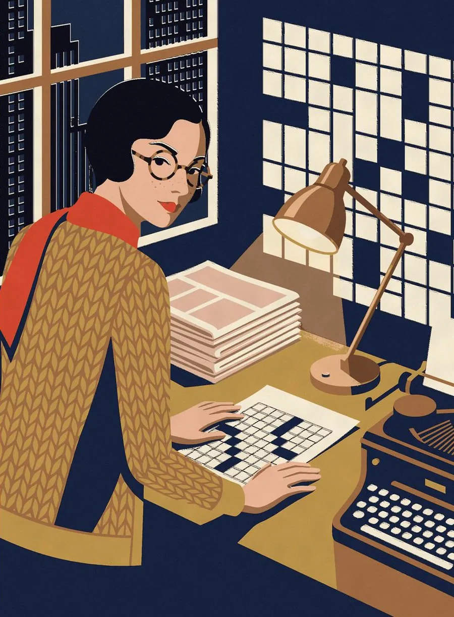 Iris at her typewriter in the newsroom