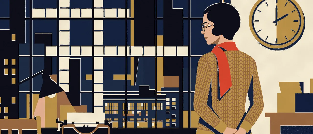 Iris Clewe at the newsroom window, the city lit like a crossword